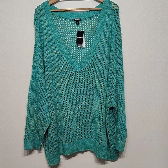 Torrid Open Stitch Pull Over Sweater V Neck Aqua 4XL - Picture 6 of 8